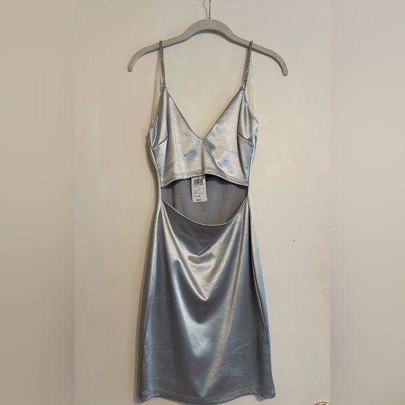 Silver/Light Blue Silky Cutout Front Mini Dress NWT - Picture 5 of 6